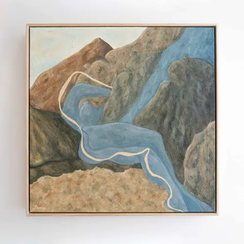 An original contemporary painting of mountains and a river by New Zealand artist Jade Barclay, available at The Little Gallery Tairua